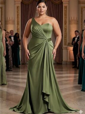 Olive One-Shoulder Evening Gown